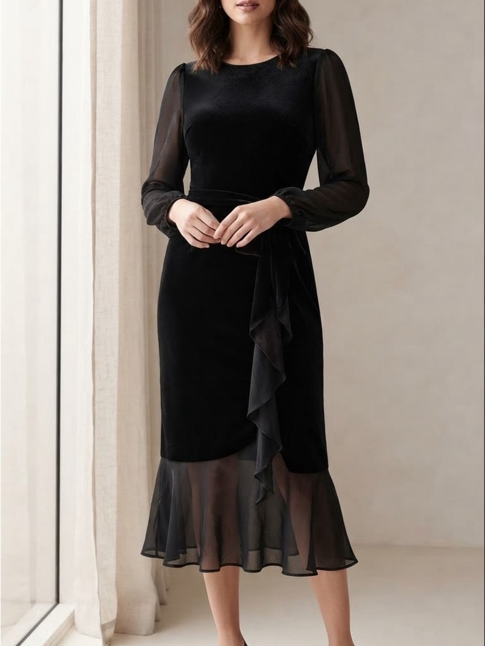 Tommy Hilfiger Black Velvet Midi Dress with Sheer Ruffle Hem and Sleeves